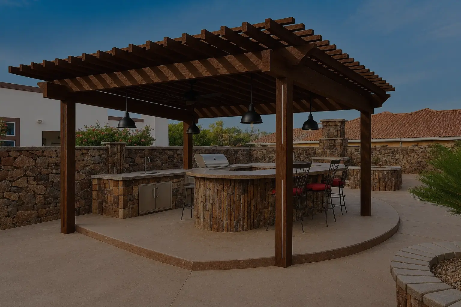 Outdoor kitchen and pergola from Sandstone’s existing website